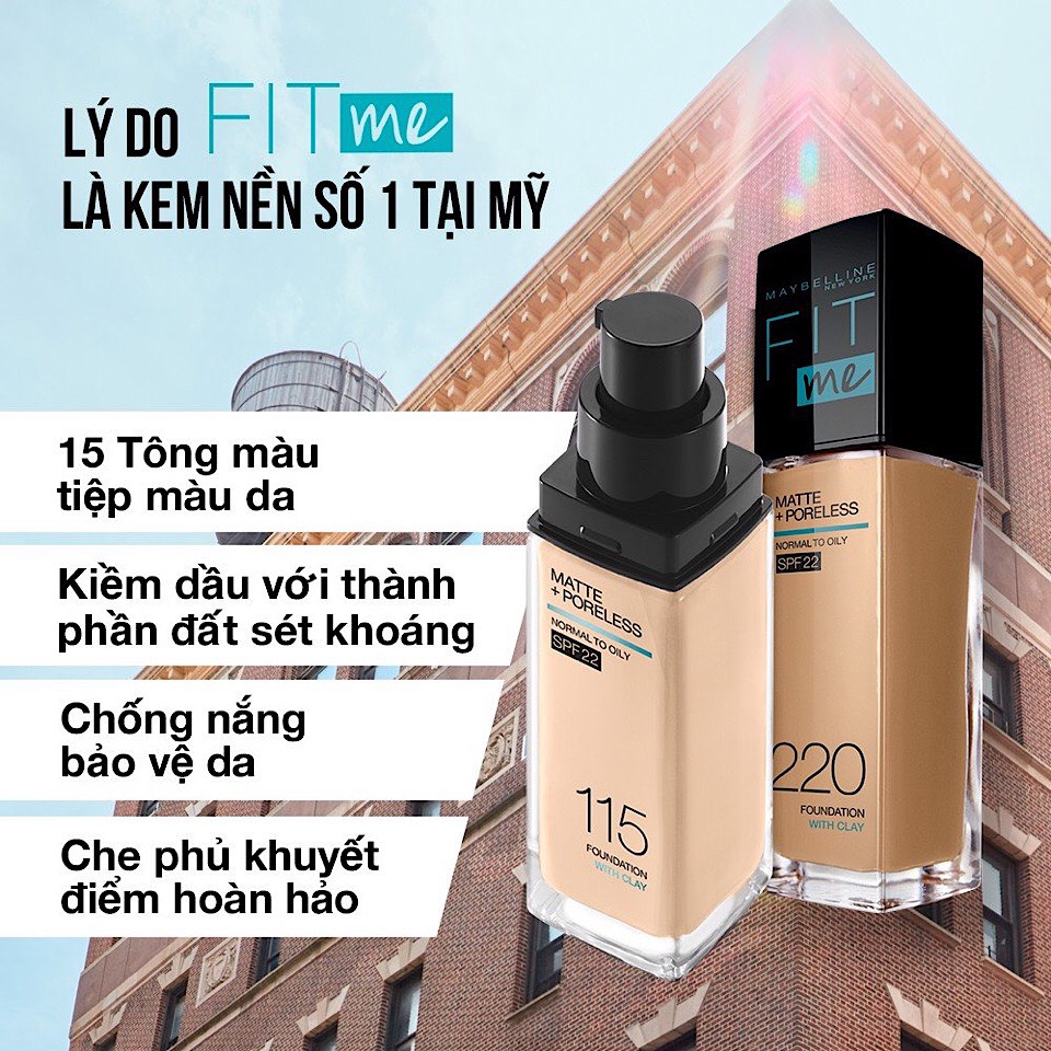 Kem Nền Kiềm dầu Chống Nắng Fit Me Maybelline New York Matte Poreless Foundation SPF 22